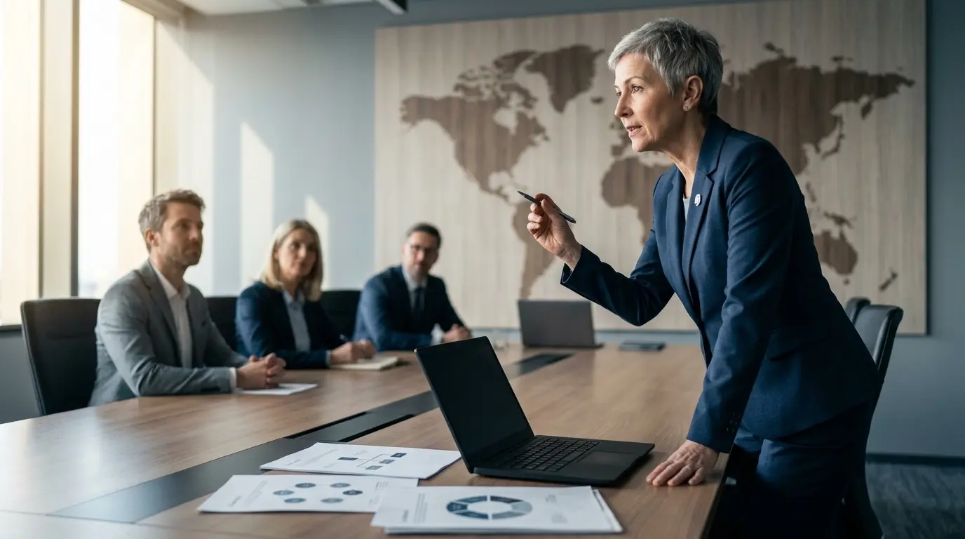 Lana AP.MA, Anwalt für Wirtschaft, im Büro sitzend.