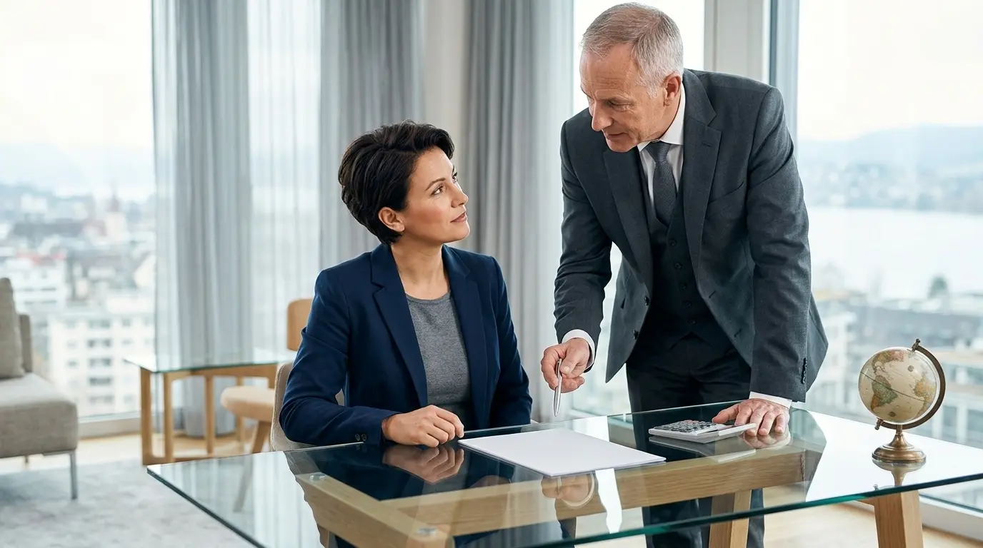 Anwalt berät Geschäftsführung zu Wirtschaftsfragen im Büro.